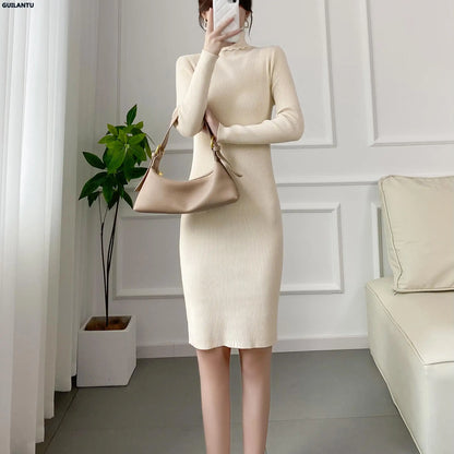 Autumn Winter Turtleneck Long Sleeve Knitted Dresses Women Korean Style Elegant Casual Office Sweater Dress Bodycon Midi Dress - TaMNz