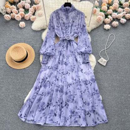 Autumn Winter Women Stand Collar Puff Sleeve Long Dress Casual Floral Print Dress Elegant Lady Chiffon A-line Dress - Tamnz