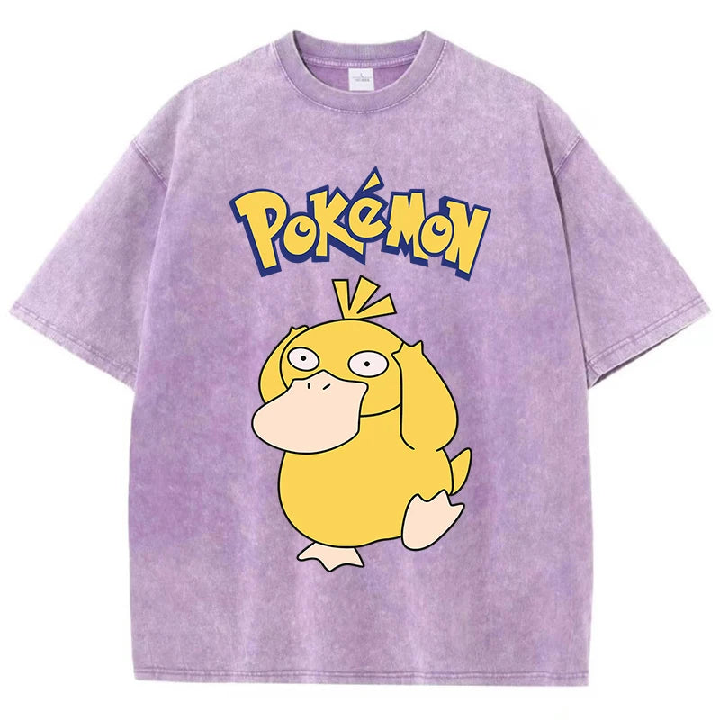 Pokemon Psyduck Girl T-Shirts Summer American Retro Cotton T-Shirt Funny O-Neck Preppy Style Oversizedheavyweightshort Sleeved