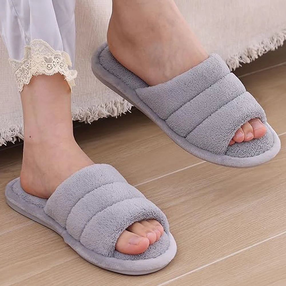 Comwarm Plush House Slippers For Women And Man Open Toe Cozy Cotton Shoes Indoor Outdoor Flat Soft Breathable Non-slip Sandals