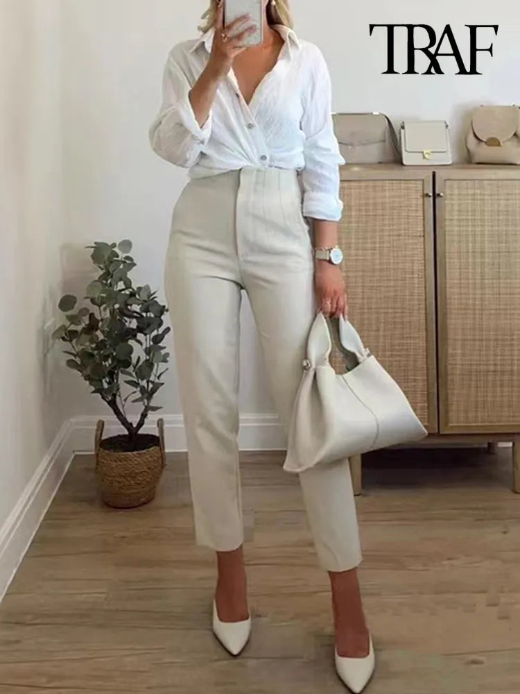 Women Fashion With Pockets Casual Basic Solid Pants Vintage High Waist Zipper Fly Female Ankle Trousers Pantalones Mujer - TaMNz