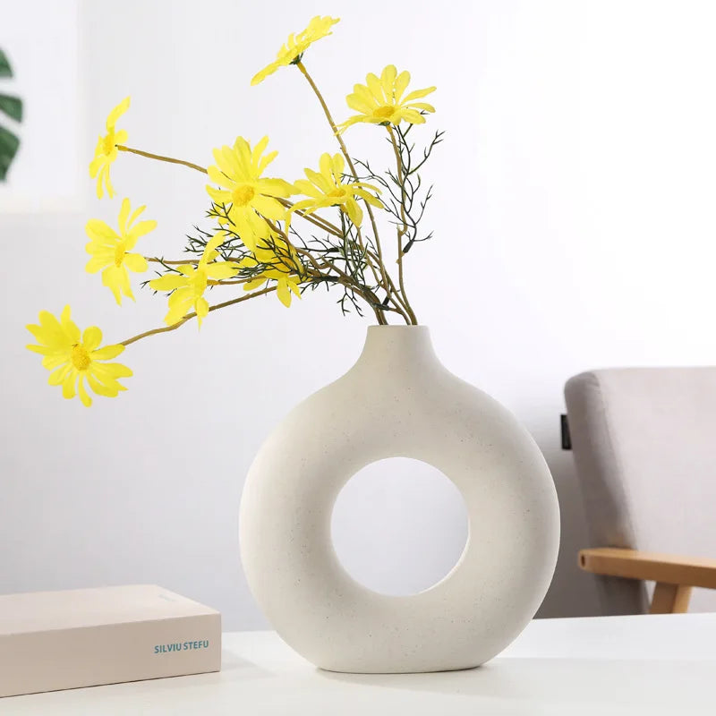 Nordic Vase Circular Hollow Ceramic Donuts Flower Pot Home Living Room Decoration Accessories Interior Office Desktop Decor Gift - TaMNz