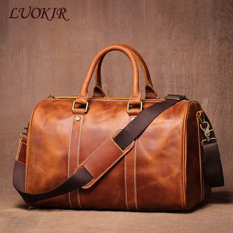 LUOKIR Men's Genuine Leather Handbag Vintage Crazy Horse Short Travel Bag Women's Fitness Luxury Shoulder Messenger Luggage Bags - Tamnz