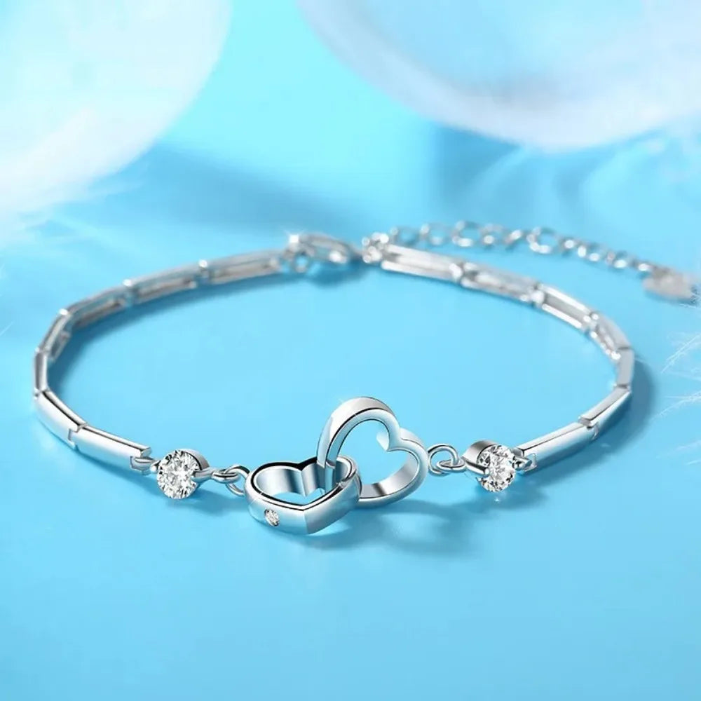 New Charms 925 Sterling Silver Bracelets Bangles for Women Valentine's Days Gift Cubic Zircon Double Heart Bracelet Jewelry