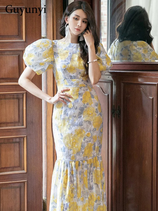 Elegant Party Dress Summer Floral Printing O-Neck Lantern Sleeve High Waist Slim Fit Fishtail Hem Temperaturet Vintage Dress - TaMNz