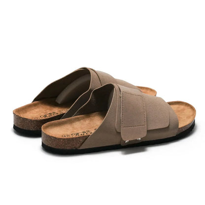 Comwarm Fashion Cork Footbed Sandals Women Classic Cozy Leather Slippers Unisex Beach Slippers With Arch Support Home Sandals