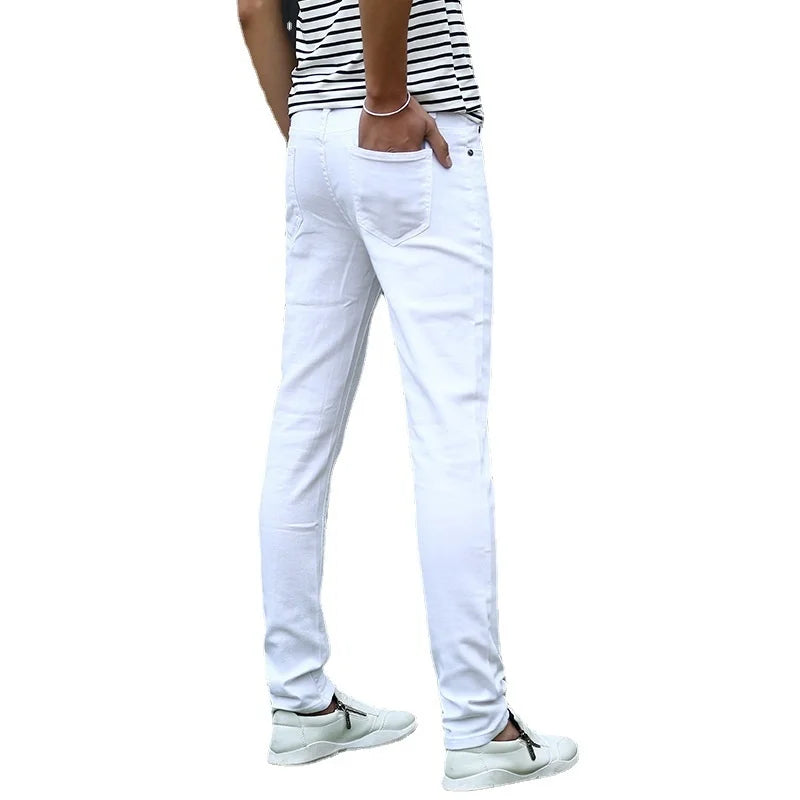 Men's Elastic Slim White Jeans Pants Korean Fashion Youth Slim Fit Cargo Pants Classic Streetwear Mens Denim Trousers - TaMNz
