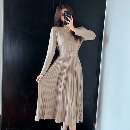 Women's Knitted Dress with Belt Single-breasted Autumn Winter Thicken Sweater Dress Female A-line soft Elegant Pleated Skirt - Tamnz