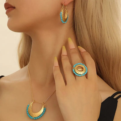 3PCS Ethnic Blue Bead Gold-Color Crescent Moon Jewelry Set Pendant Necklace Ring Hoop Earrings Set For Woman Party Jewelry Gift - TaMNz