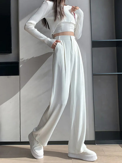 Casual High Waist Loose Wide Leg Pants for Women Spring Autumn New Female Floor-Length White Suits Pants Ladies Long Trousers - TaMNz