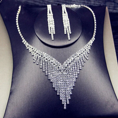 Geometric Rhinestone Necklace Earrings For Women Long Tassel Jewelry Sets Ladies Weddings Banquet Accessory - TaMNz