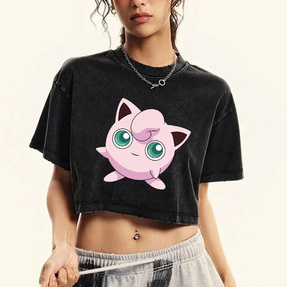 Jigglypuff プリン Japanese Tee Clothing Womens Summer American Retro Cotton Casual Tee Shirt Humor Breathable T-Shirt Crop Soft