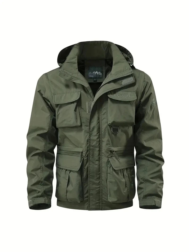 Detachable windproof sleeved hooded jacket suitable for outdoor activities men's casual waterproof multi pocket jacket vest