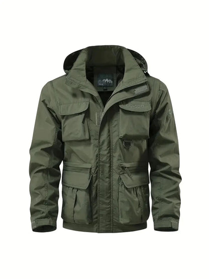 Detachable windproof sleeved hooded jacket suitable for outdoor activities men's casual waterproof multi pocket jacket vest