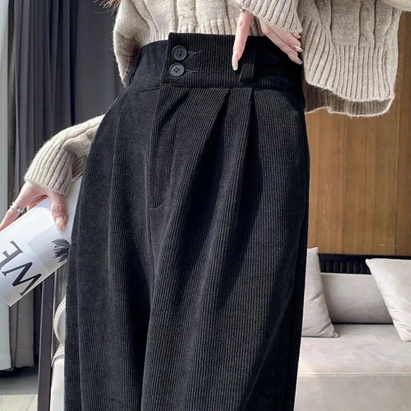 Korean Fashion Women's Pants Winter Plus Velvet Wide Leg Pants Casual Woman Pant High Waist Straight Women Loose Trousers - TaMNz
