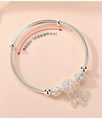 925 Sterling Silver Bracelets for Women Tassel Feather Round Bead Bangle Adjustable Charm Bracelet Luxury Wedding Jewelry Gifts