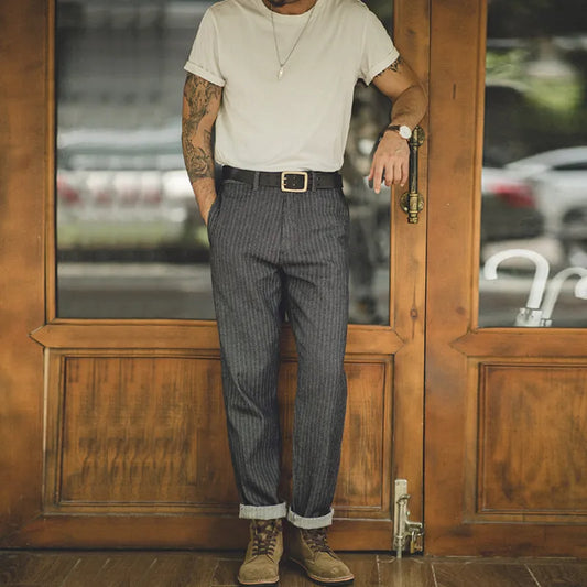 Maden Retro Stripped Denim Jeans Gray Color Slim Fit Straight Pants Vintage Twill Tapered Trousers Men’s Amekaji Wear Fashion - TaMNz