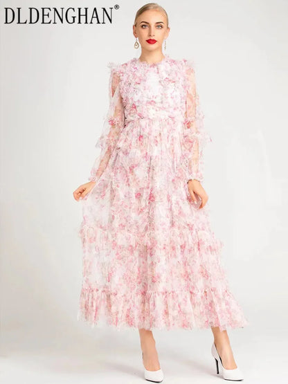 Fashion Designer Spring Mesh Long Dress Women O-Neck Lantern Sleeve Flower Print Ruffles Bohemian Dresses - TaMNz