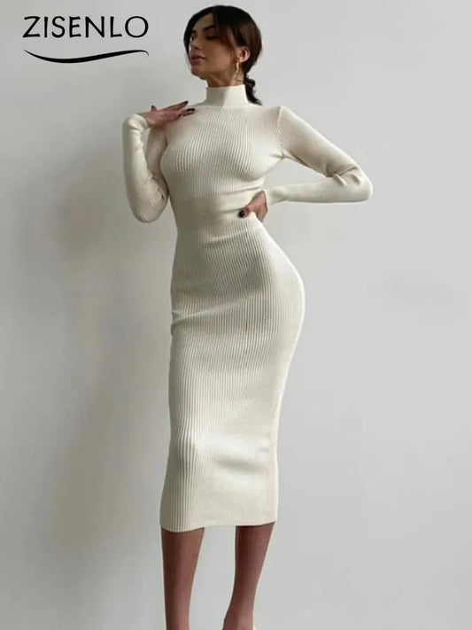 Elegant Womens Dresses Autumn New High Neck Mid-length Knitted Pullover Pure Color Tight Sexy Dresses One Piece Dress Streetwear - TaMNz