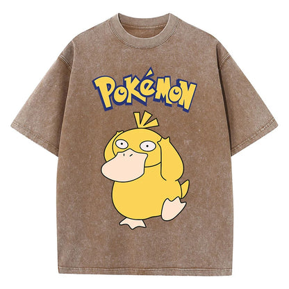 Pokemon Psyduck Girl T-Shirts Summer American Retro Cotton T-Shirt Funny O-Neck Preppy Style Oversizedheavyweightshort Sleeved