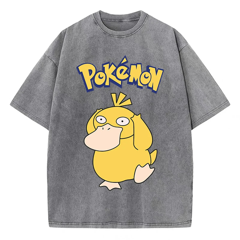 Pokemon Psyduck Girl T-Shirts Summer American Retro Cotton T-Shirt Funny O-Neck Preppy Style Oversizedheavyweightshort Sleeved