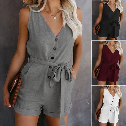 Casual V-neck Monochromatic Jumpsuit For Summer - TaMNz