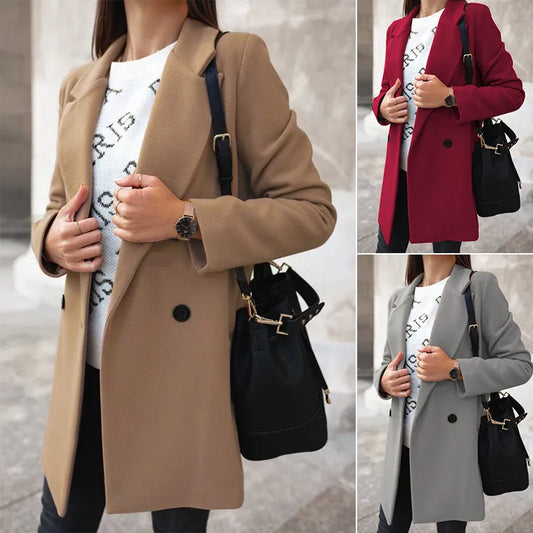 Autumn/Winter Women's Long Sleeve Woolen Coat Solid Color Suit Collar Double Breasted Long Woolen Coat - TaMNz