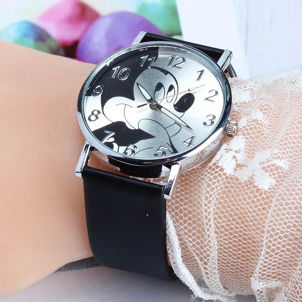 Disney Mickey Mouse Women Watches for Girls Black Leather Strap ultrathin Ladies Watch Quartz Clock Wrist Relogio Feminino - Tamnz