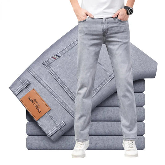 Thin or Thick Material Straight Cotton Stretch Denim Men's Business Casual High Waist Light Grey Blue Jeans - TaMNz