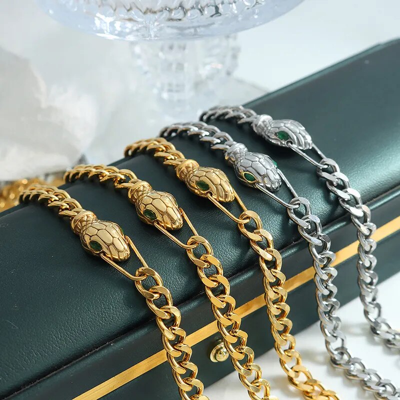 Gothic Stainless Steel Snake Chain Bracelet Necklace Set For Women Gold Plated Jewelry Zircon Accessories Free Shipping - TaMNz