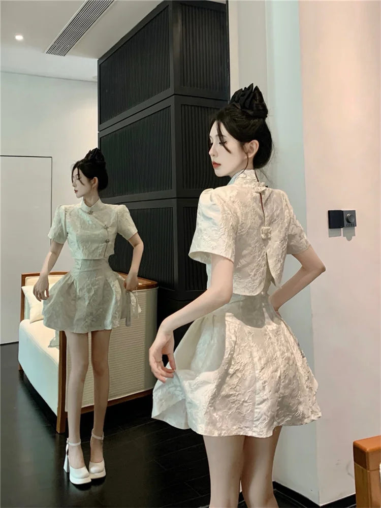 Vintage Cheongsam Top and Fluffy Suspender Dress 2 Pieces Sets for New Summer Two Pieces Women Clothing - TaMNz
