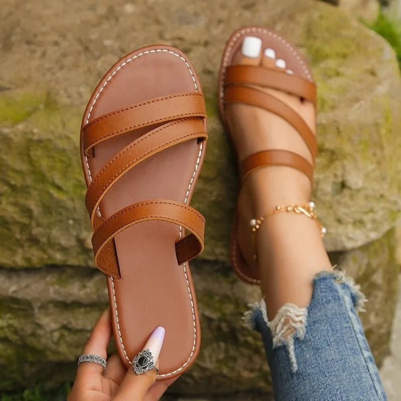 Rimocy Summer Flat Heel Sandals for Women Casual Plus Size 42 Beach Slippers Woman Pu Leather Strap Slip-On Gladiator Sandals