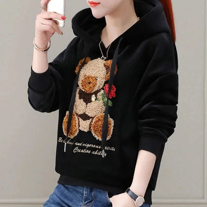 2024 Autumn Winter New Golden Velvet Hooded Sweatshirt Women's Thickened Double Sided Velvet Top Embroidered  Loose Coat Female