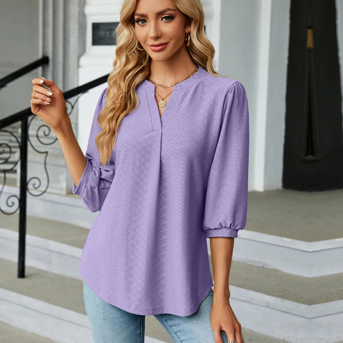Half Sleeve V Neck Female Tops Black Pink Navy Purple Women's Clothing Shirt