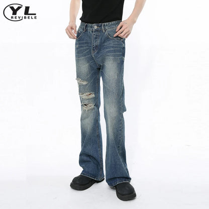 High Street Hole Design Jeans Men Distressed Blue Washed Korea Loose Micro Horn Denim Pants Vintage Harajuku Straight Trousers - TaMNz