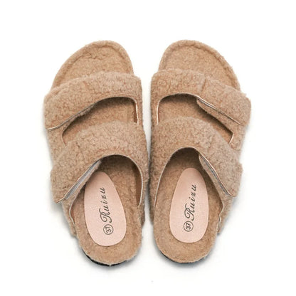 Comwarm Fashion Cork Footbed Fur Slippers For Women Men Winter Outdoor Wool Clogs Slippers Premium Soft Thick Sloed Home Slipper - Tamnz