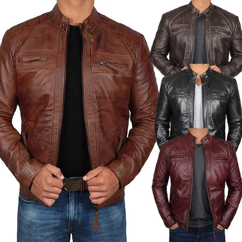 Plus Size Jacket S-5XL Men's Autumn Winter Leather Jacket Casual Stand Collar Motorcycle Biker Coat Zip Up Outwear - Tamnz