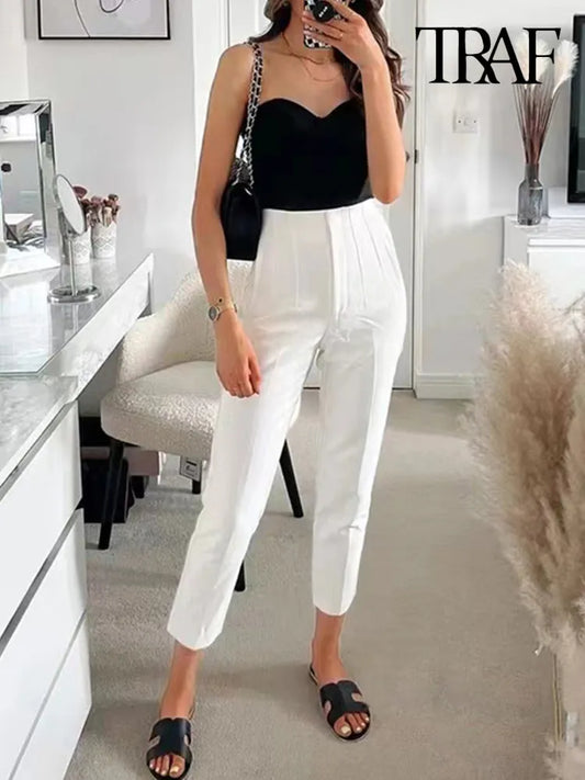 Women Fashion With Pockets Casual Basic Solid Pants Vintage High Waist Zipper Fly Female Ankle Trousers Pantalones Mujer