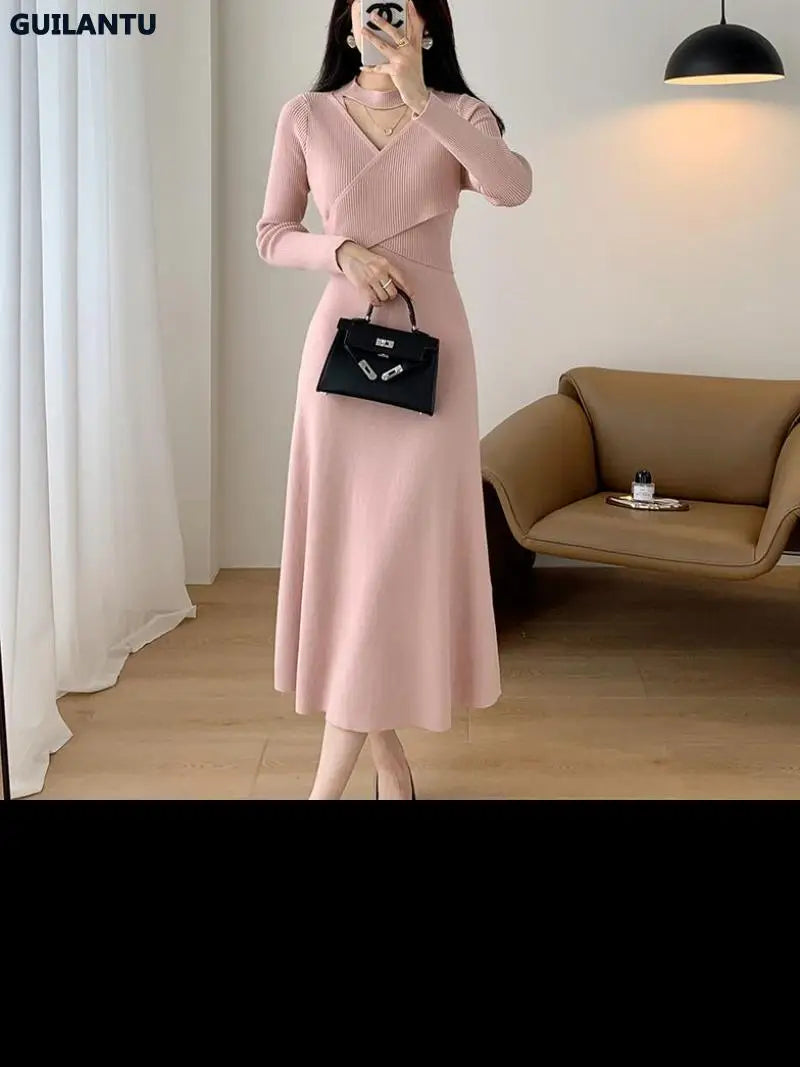 Women's Pullover Knitting Dresses V Neck Long Sleeve Bandahe Black Midi Dress Korean Style Elegant Vintage Sweater Knit Dress - Tamnz