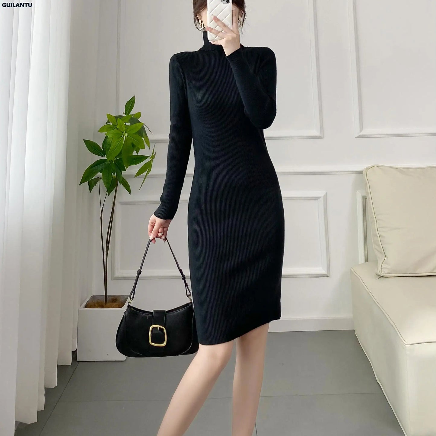 Autumn Winter Turtleneck Long Sleeve Knitted Dresses Women Korean Style Elegant Casual Office Sweater Dress Bodycon Midi Dress - Tamnz