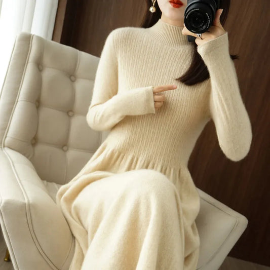 Fashion Knitted Cashmere Dress Women's Half High Collar Pullover Knee Length Dress 100% Merino Wool Dress Warm Autumn and Winter - TaMNz