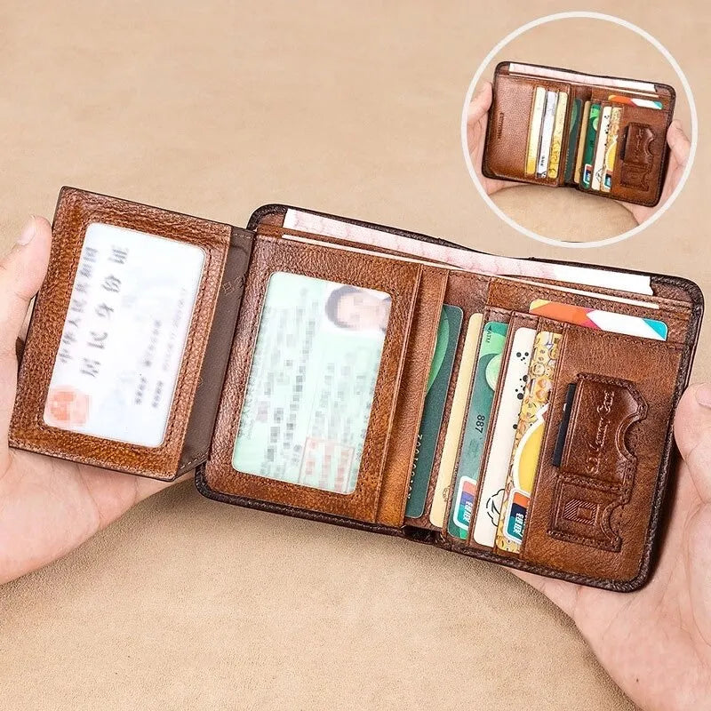 Genuine Leather Rfid Protection Wallets for Men Vintage Thin Short Multi Function ID Credit Card Holder Money Bag - TaMNz