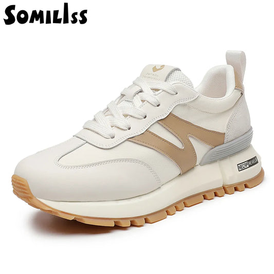 Leather Women Sneakers Lace-Up Round Toe Suede Leather Patchwork Ladies Casual Sneakers