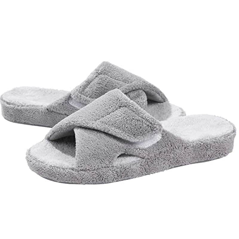 Comwam Four Seasons Arch Support Cotton Slippers Women Adjustable Terry Cloth Fuzzy Indoor Slippers Open Toe House Flats Shoes - Tamnz