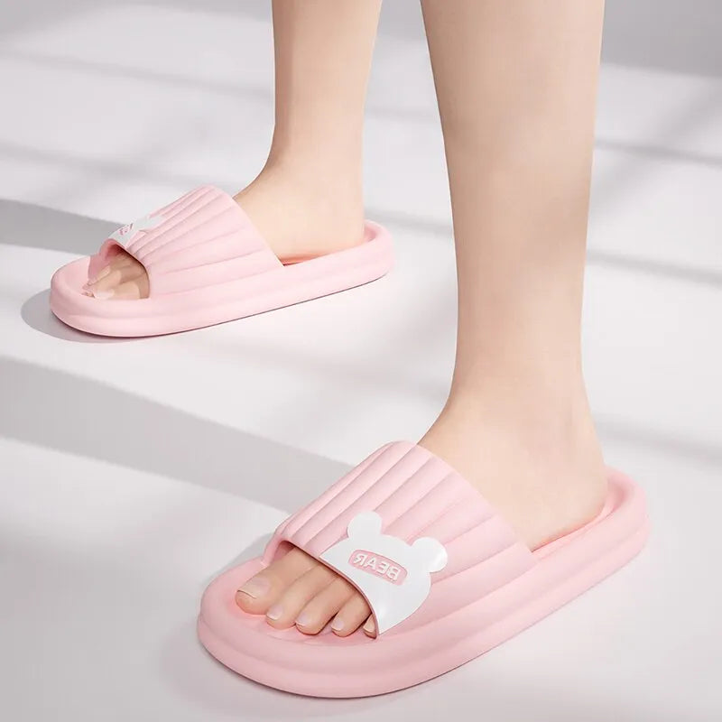 Feslishoet Cartoon Bear Summer Slippers Non Slip Bathroom Floor Flat Ladies Shoes Thick Bottom Slides Indoor and Outdoor - TaMNz