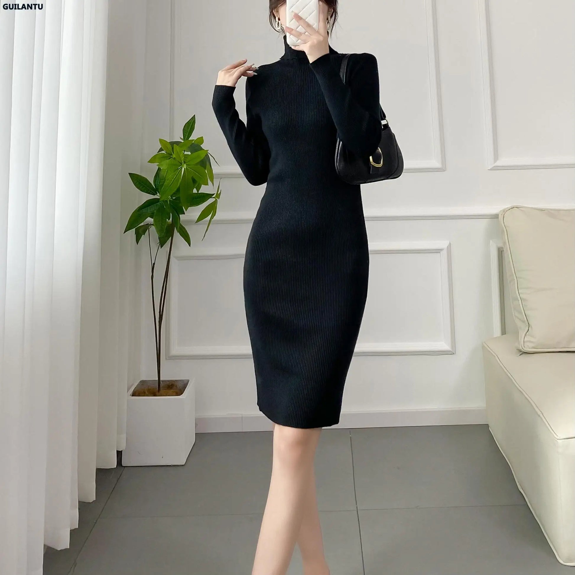 Autumn Winter Turtleneck Long Sleeve Knitted Dresses Women Korean Style Elegant Casual Office Sweater Dress Bodycon Midi Dress - Tamnz