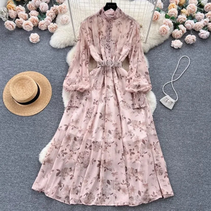 Autumn Winter Women Stand Collar Puff Sleeve Long Dress Casual Floral Print Dress Elegant Lady Chiffon A-line Dress - Tamnz