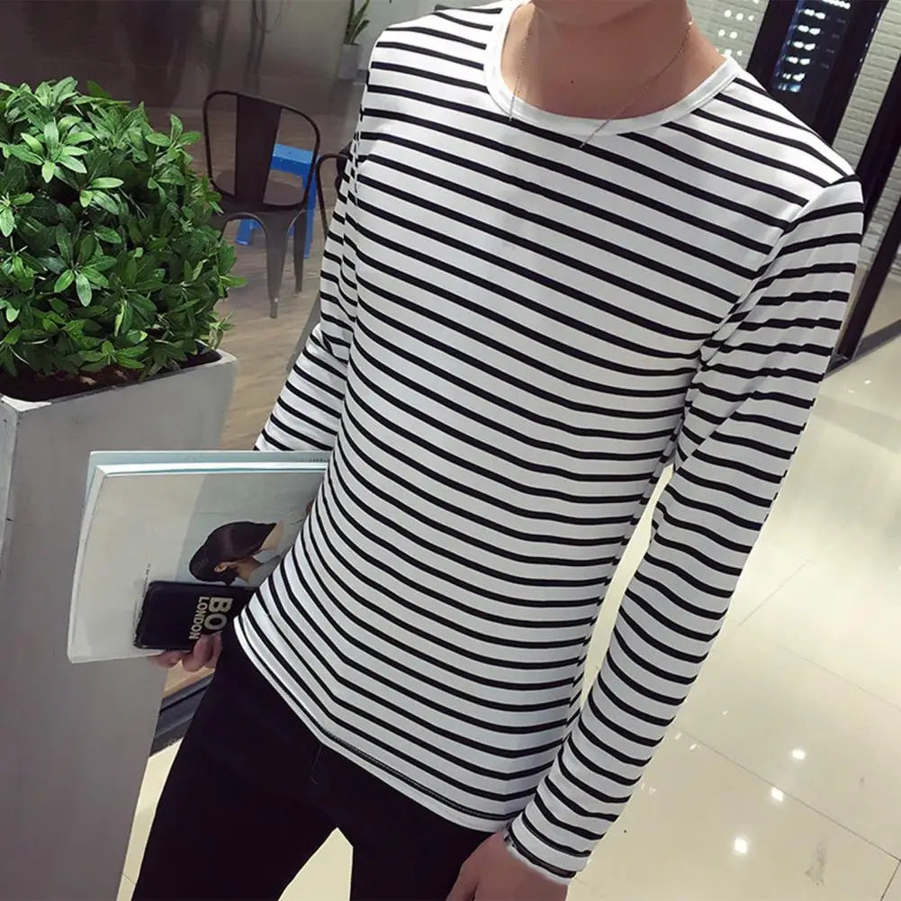Men Top Striped Pattern Long Sleeves Round Neck Machine Washable Non-Fading Decorative Polyester Bottoming Shirt Casual Pullover - TaMNz