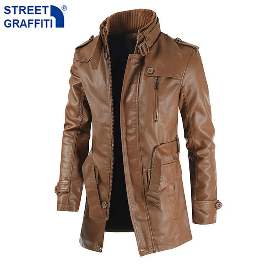 Men Winter Long Thick Fleece PU Leather Jacket Mens Streetwear Casual Business Clothing Pocket Leather Jackets Coat Outwear Men - TaMNz