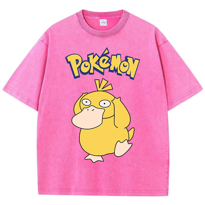 Pokemon Psyduck Girl T-Shirts Summer American Retro Cotton T-Shirt Funny O-Neck Preppy Style Oversizedheavyweightshort Sleeved